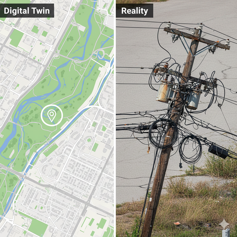 OSP Engineering for Broadband Deployment Digital Twin map compared to real-world utility pole infrastructure to ensure accurate fiber network design.