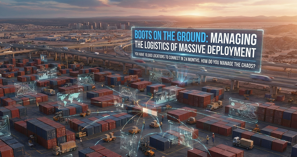 An aerial view of a busy port and logistics hub is shown, featuring countless shipping containers, multiple trucks, and a network of raised highways with moving traffic. Floating, transparent holographic screens with graphs, a world map, and data points are linked together by light beams. A large digital title screen in the background reads, 'BOOTS ON THE GROUND: MANAGING THE LOGISTICS OF MASSIVE DEPLOYMENT', with a subtitle 'YOU HAVE 10,000 LOCATIONS TO CONNECT IN 24 MONTHS. HOW DO YOU MANAGE THE CHAOS?'.