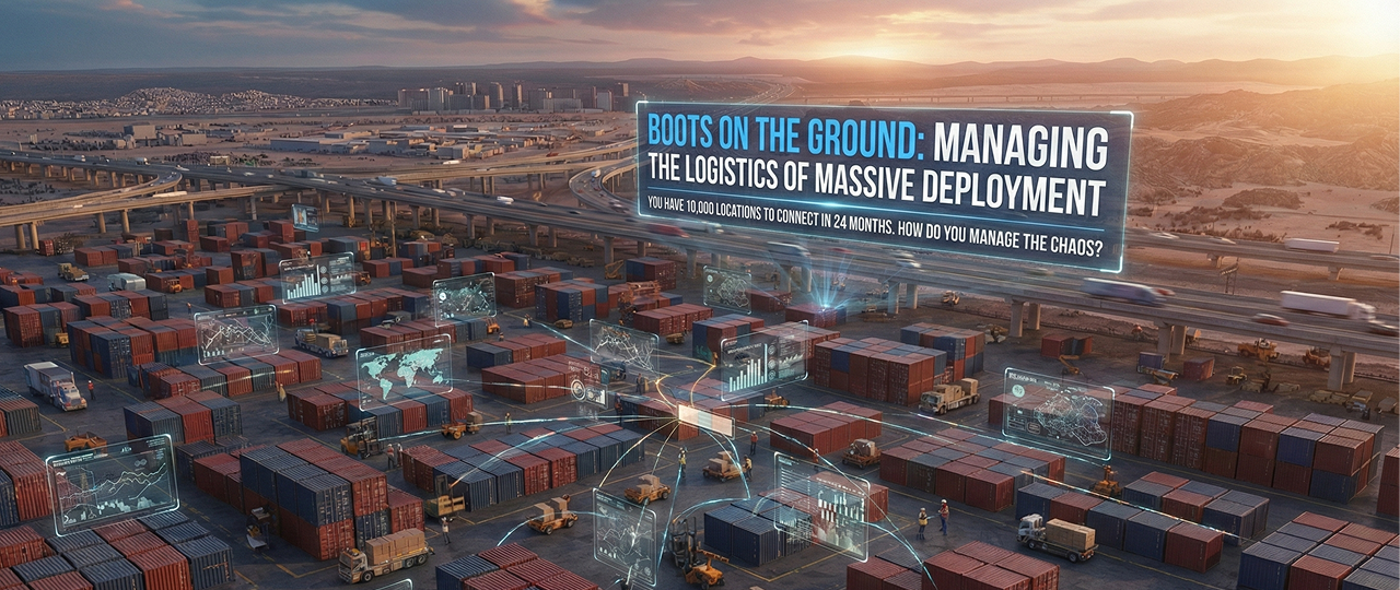 An aerial view of a busy port and logistics hub is shown, featuring countless shipping containers, multiple trucks, and a network of raised highways with moving traffic. Floating, transparent holographic screens with graphs, a world map, and data points are linked together by light beams. A large digital title screen in the background reads, 'BOOTS ON THE GROUND: MANAGING THE LOGISTICS OF MASSIVE DEPLOYMENT', with a subtitle 'YOU HAVE 10,000 LOCATIONS TO CONNECT IN 24 MONTHS. HOW DO YOU MANAGE THE CHAOS?'.