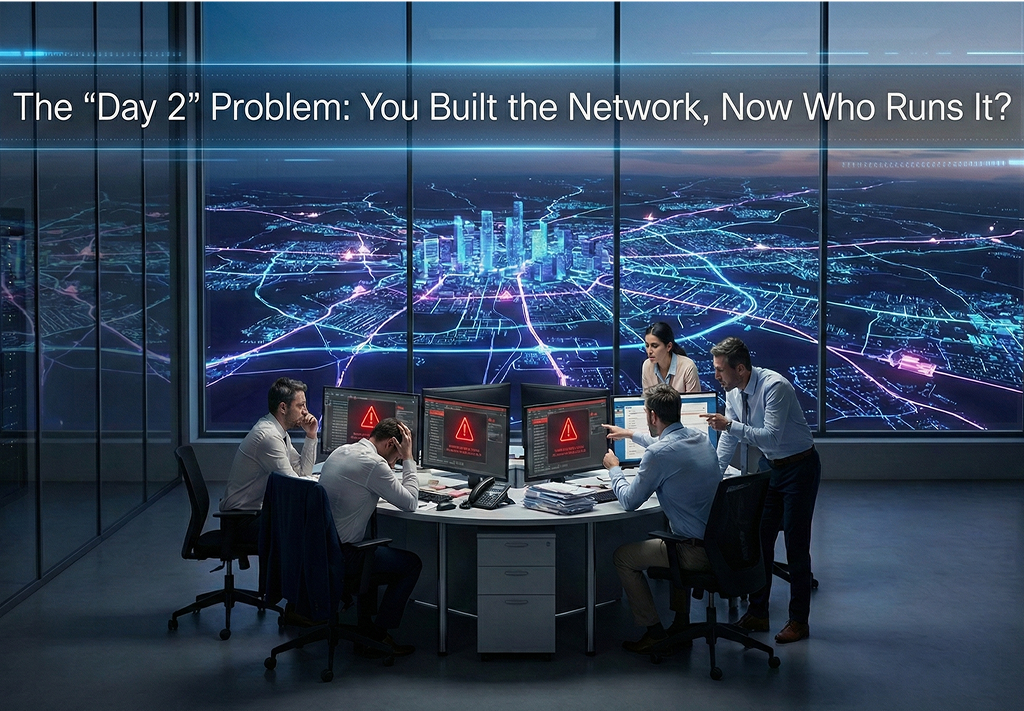 An infographic illustrative of the "Day 2" Problem for growing ISPs, featuring a stressed IT team in a dark modern NOC. They are analyzing multiple screens displaying prominent red alert icons. Through a massive window, a sprawling city is overlaid with a digital fiber network. Digital overlay text at the top reads: "The 'Day 2' Problem: You Built the Network, Now Who Runs It?" This image highlights the risk of scaling infrastructure without robust ISP NOC Services