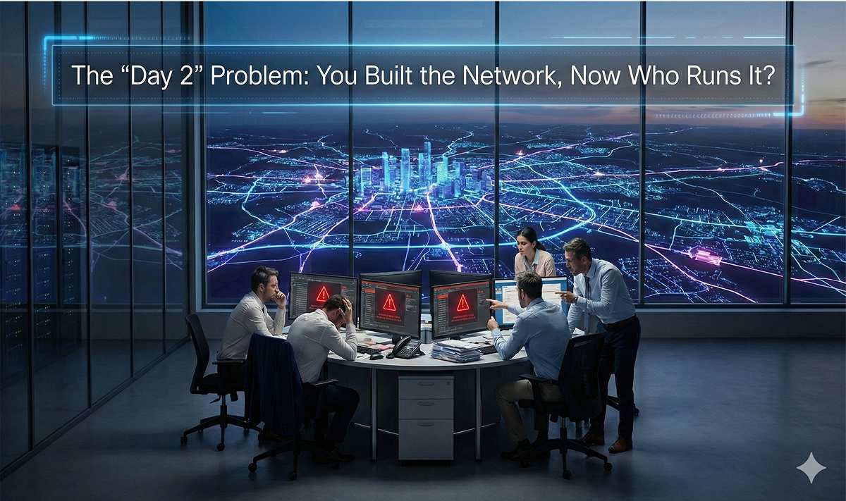 An infographic illustrative of the "Day 2" Problem for growing ISPs, featuring a stressed IT team in a dark modern NOC. They are analyzing multiple screens displaying prominent red alert icons. Through a massive window, a sprawling city is overlaid with a digital fiber network. Digital overlay text at the top reads: "The 'Day 2' Problem: You Built the Network, Now Who Runs It?" This image highlights the risk of scaling infrastructure without robust ISP NOC Services
