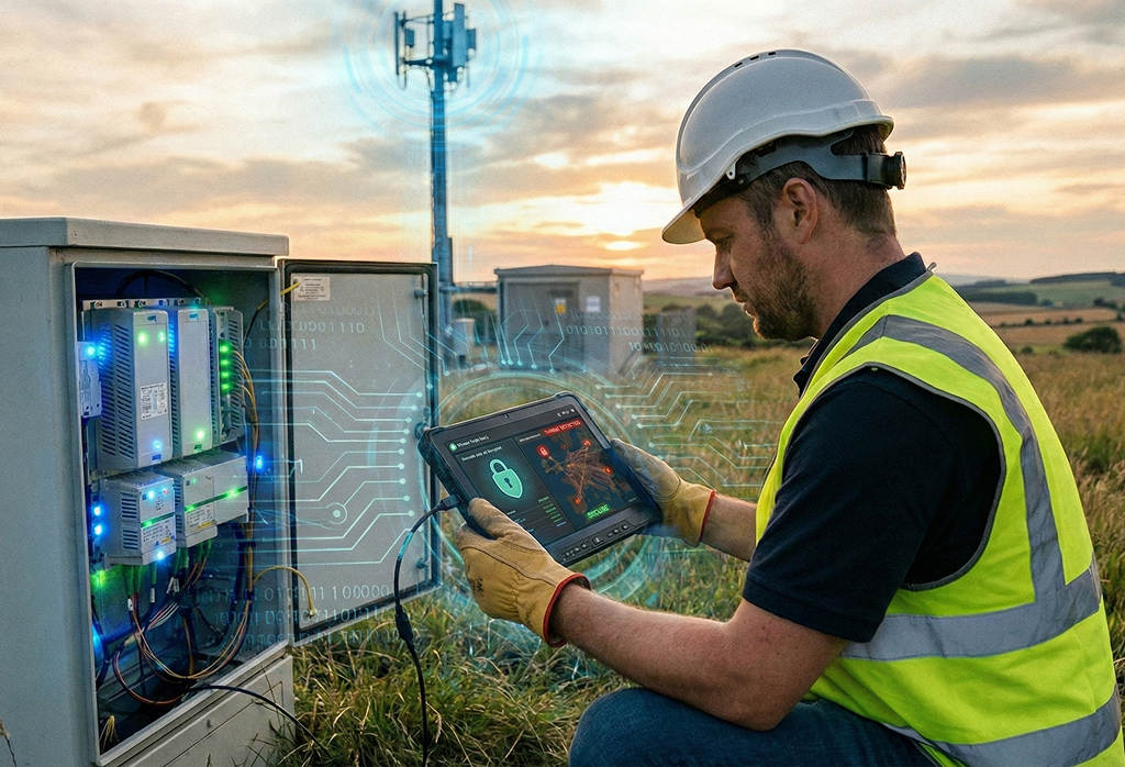 A field technician using a secure tablet to manage network security, ensuring BEAD cybersecurity compliance at a rural edge cabinet and tower site.