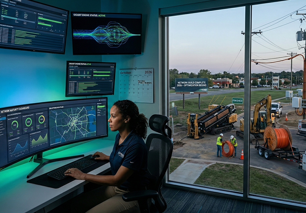 An ISP operator in a modern control room conducting network infrastructure optimization on digital dashboards, contrasted against construction trucks completing fiber installation visible through a large window.