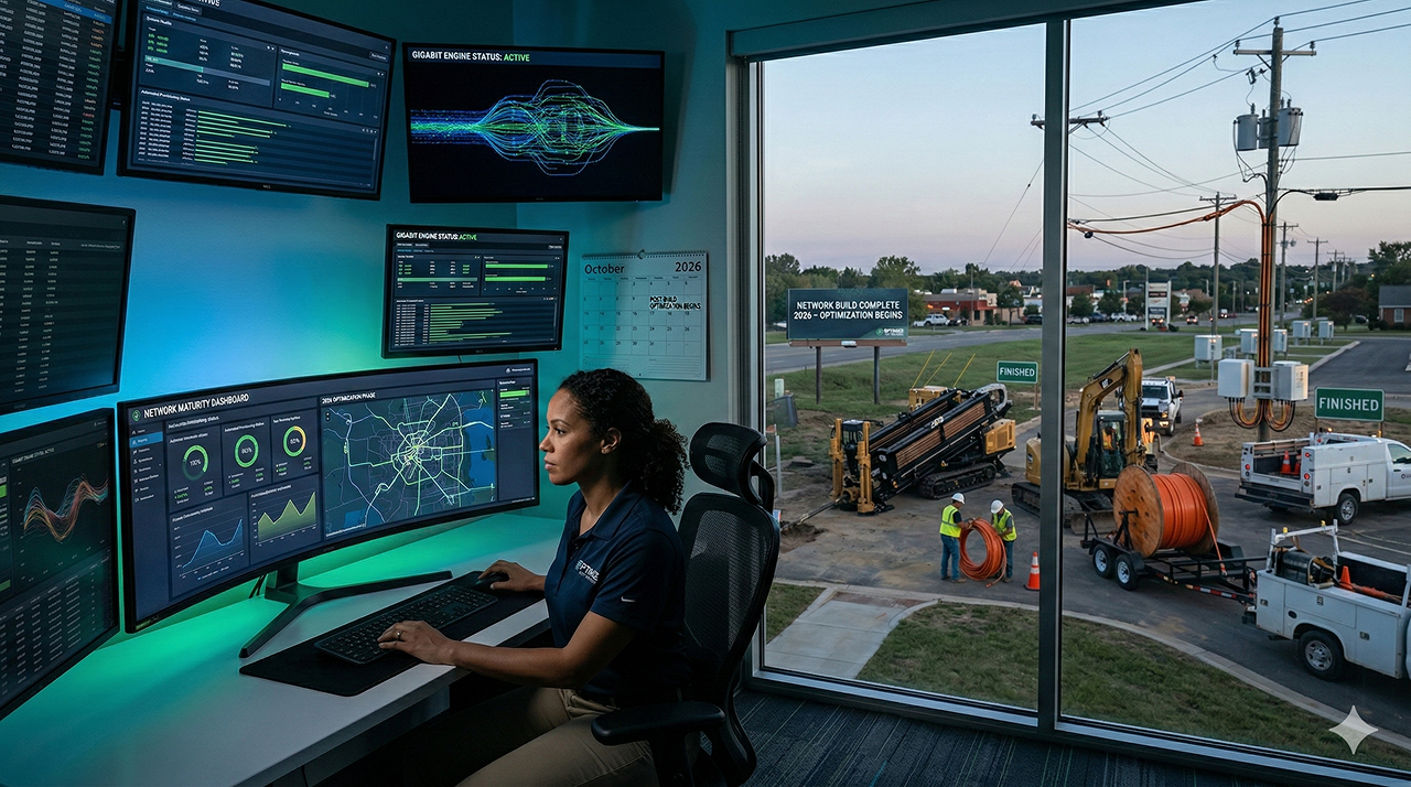 An ISP operator in a modern control room conducting network infrastructure optimization on digital dashboards, contrasted against construction trucks completing fiber installation visible through a large window.