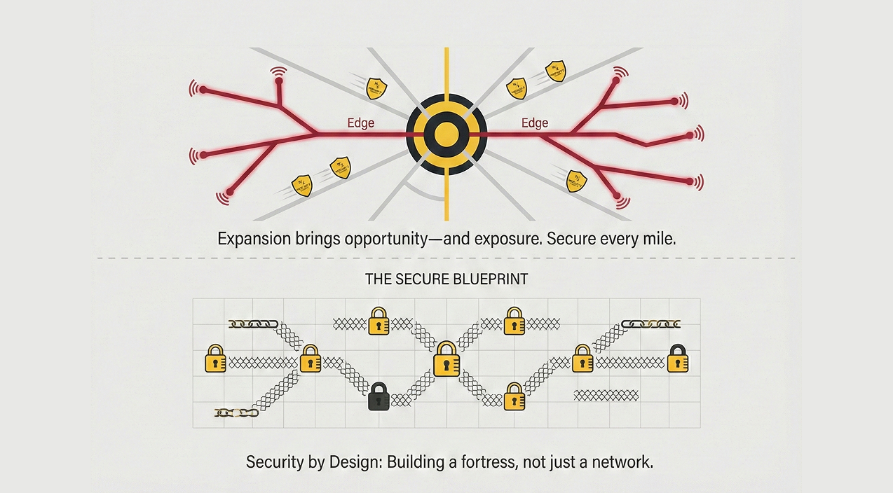 An infographic illustrating the 'Security by Design' blueprint required for BEAD cybersecurity compliance, showing a secure network 'fortress' versus an exposed 'attack surface' at the network edge.