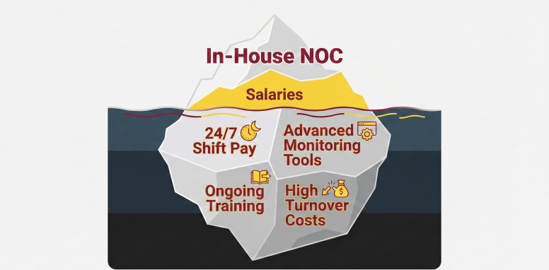 An iceberg infographic illustrating the hidden costs of managing an in-house Network Operations Center versus using managed ISP NOC Services, featuring visible costs like salaries and hidden costs like shift pay, monitoring tools, and turnover.