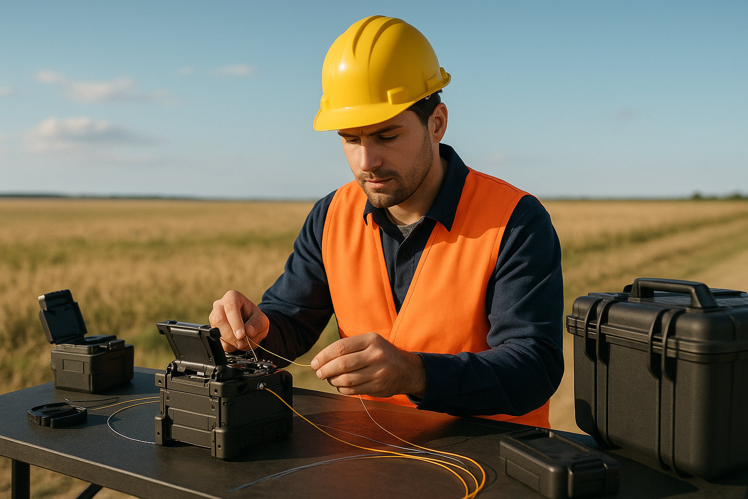 Mercury Z field technician performing fiber optic fusion splicing at an outdoor rural worksite