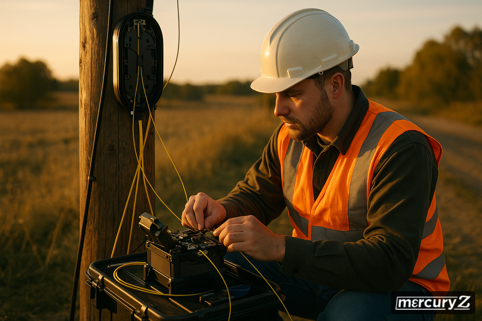 Mercury Z technician performing fusion splicing at outdoor rural fiber deployment site