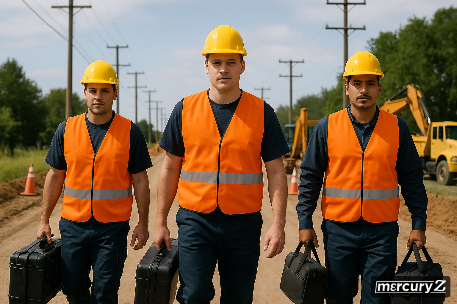 Team of field technicians in safety gear arriving at an industrial construction site carrying equipment cases