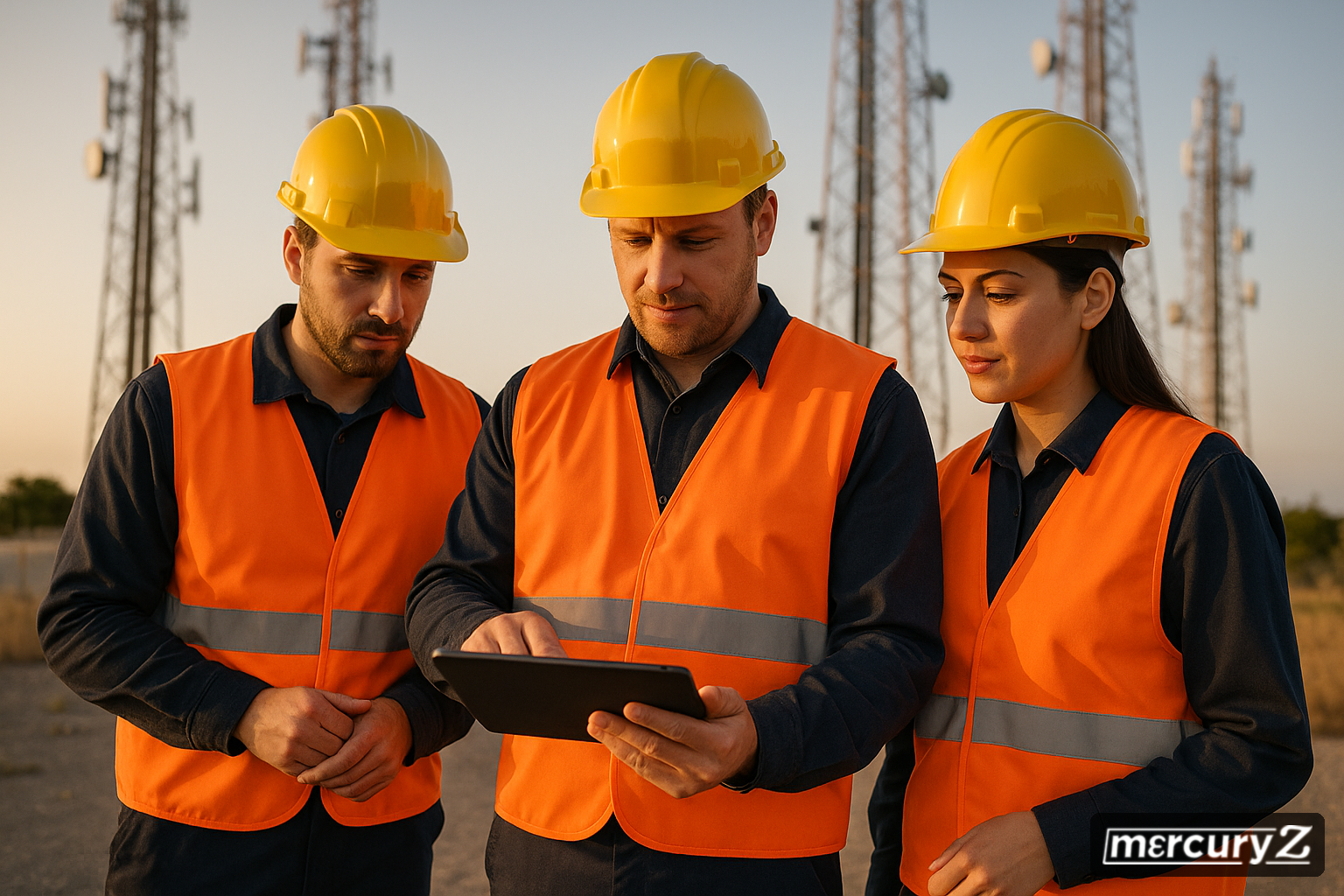 Mercury Z field supervisor reviewing deployment plan on tablet with two technicians at a staging area near communication towers