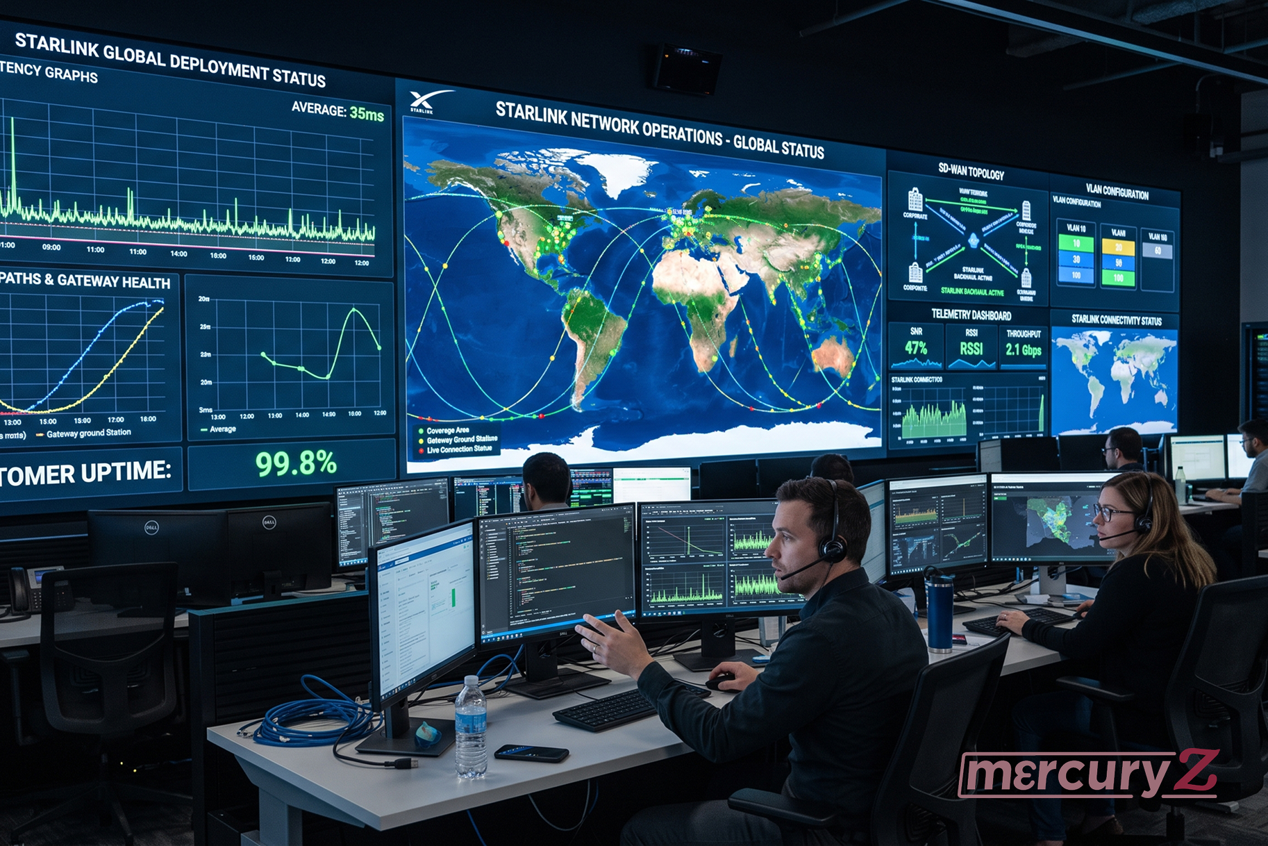 NOC technician monitoring Starlink Business network connectivity data