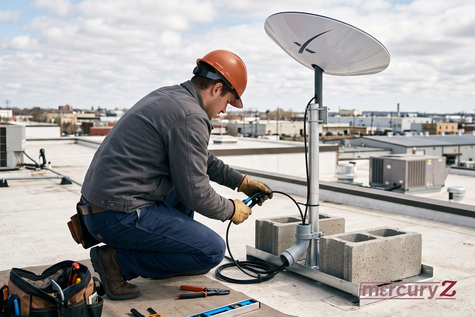 Certified field technician installing Starlink Business dish on commercial rooftop